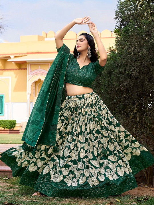 Green Color Floral Print With Foil Work Tussar Silk Lehenga Choli-3
