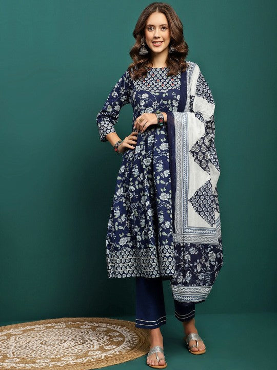 Printed Pure Cotton Anarkali Kurta With Trouser & Dupatta Set-1