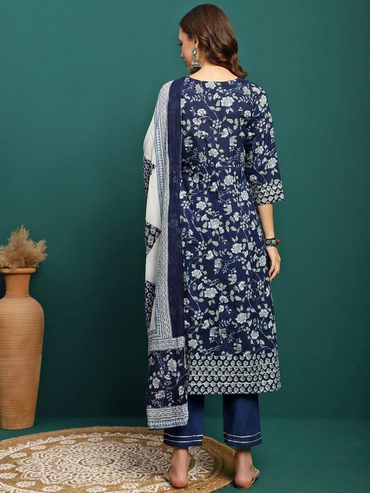 Printed Pure Cotton Anarkali Kurta With Trouser & Dupatta Set-2