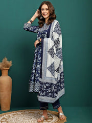 Printed Pure Cotton Anarkali Kurta With Trouser & Dupatta Set