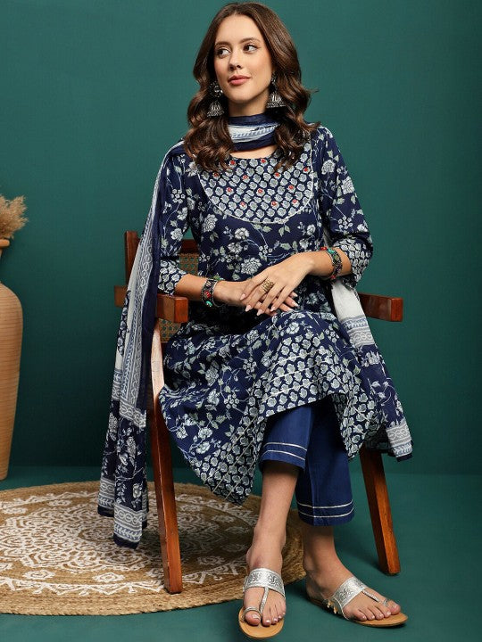 Printed Pure Cotton Anarkali Kurta With Trouser & Dupatta Set-5