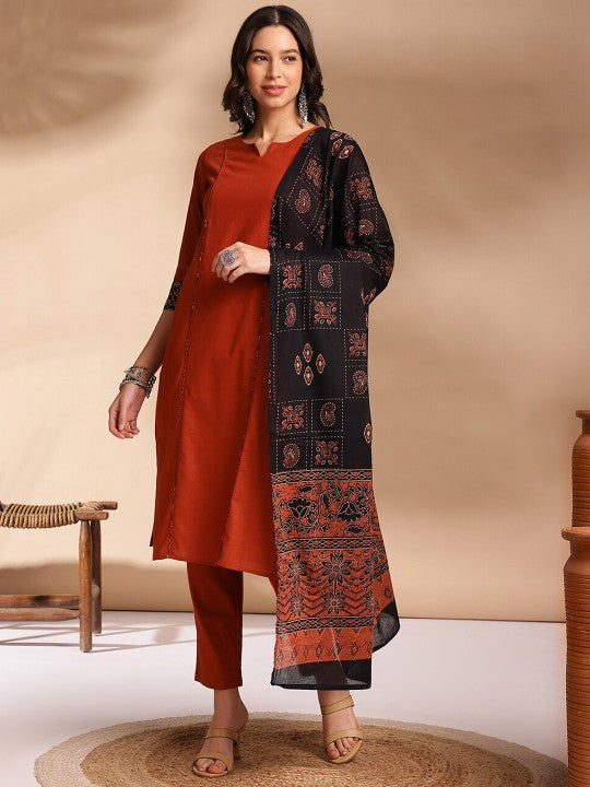 Printed Round Neck Three-Quarter Sleeves Cotton Kurta Set-1