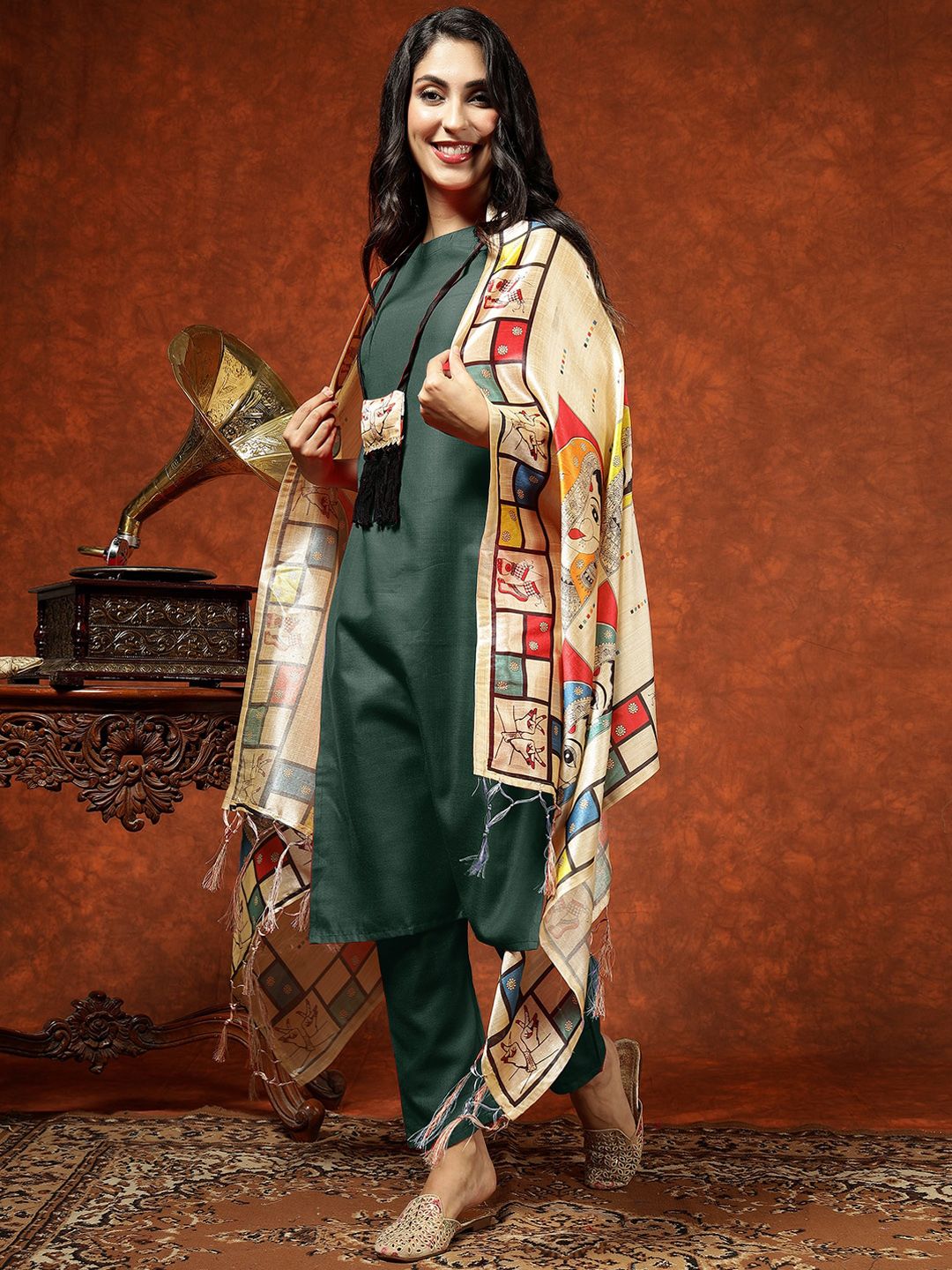 Printed Straight Kurta & Trousers With Dupatta-5