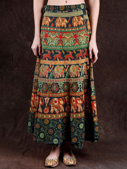 Amaranth Wrap-Around Long Skirt with Printed Elephants and Deer