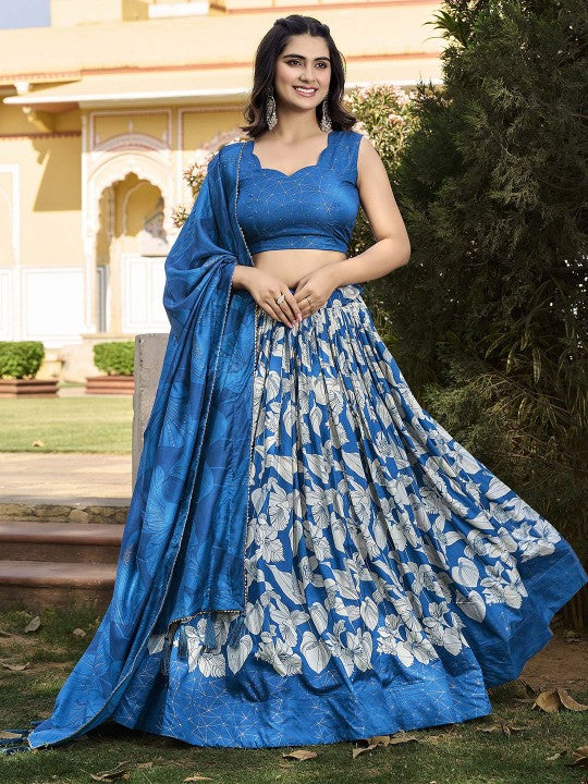 Green Color Floral Print With Foil Work Tussar Silk Lehenga Choli-6