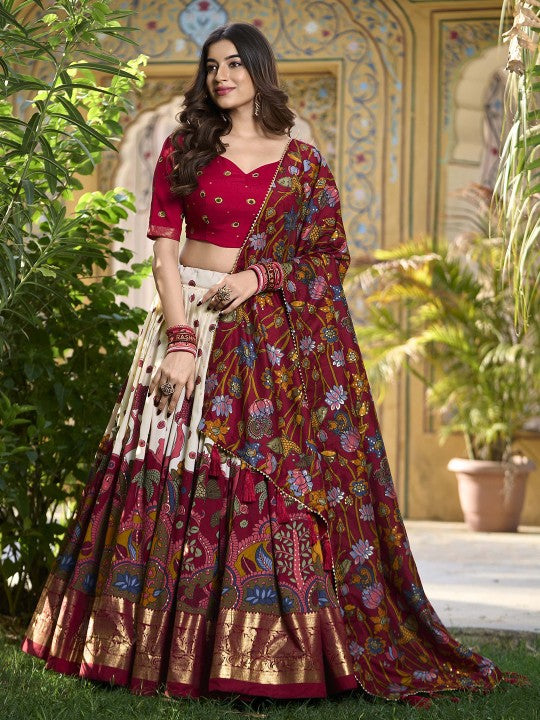 Printed Kalamkari Ready to Wear Lehenga & Unstitched Blouse With Dupatta