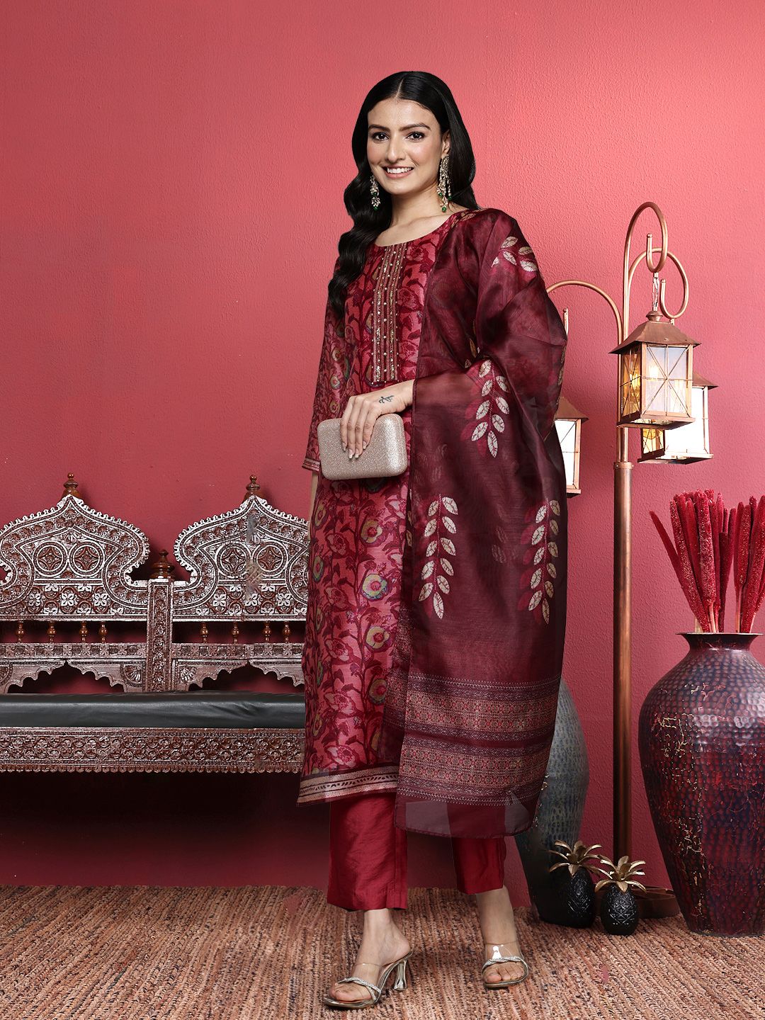 Purple Floral Printed Beads and Stones Chanderi Silk Kurta with Trousers & Dupatta