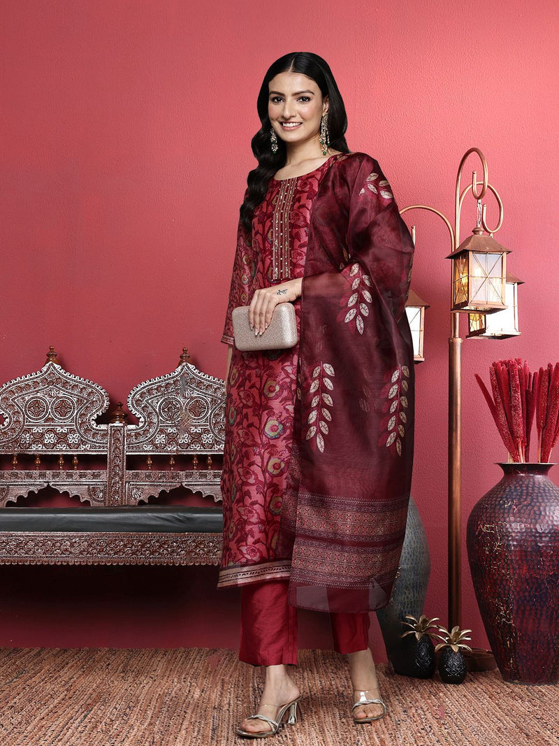 Purple Floral Printed Beads and Stones Chanderi Silk Kurta with Trousers & Dupatta-10