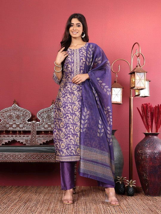 Purple Floral Printed Beads and Stones Chanderi Silk Kurta with Trousers & Dupatta-1