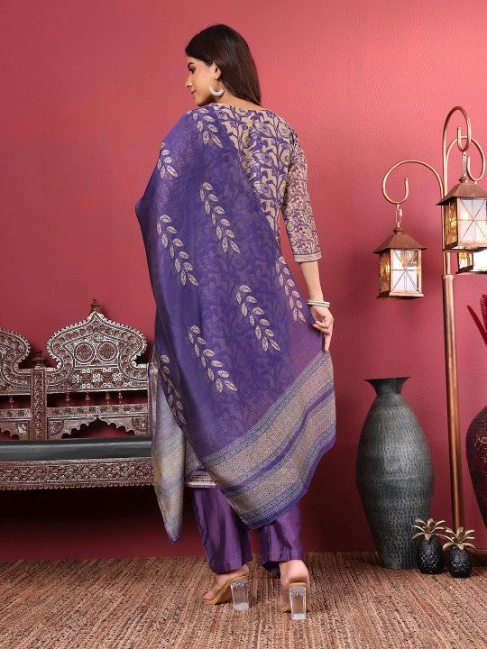 Purple Floral Printed Beads and Stones Chanderi Silk Kurta with Trousers & Dupatta-2