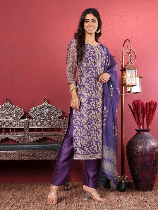 Purple Floral Printed Beads and Stones Chanderi Silk Kurta with Trousers & Dupatta-3