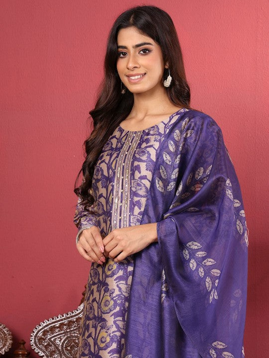 Purple Floral Printed Beads and Stones Chanderi Silk Kurta with Trousers & Dupatta-5