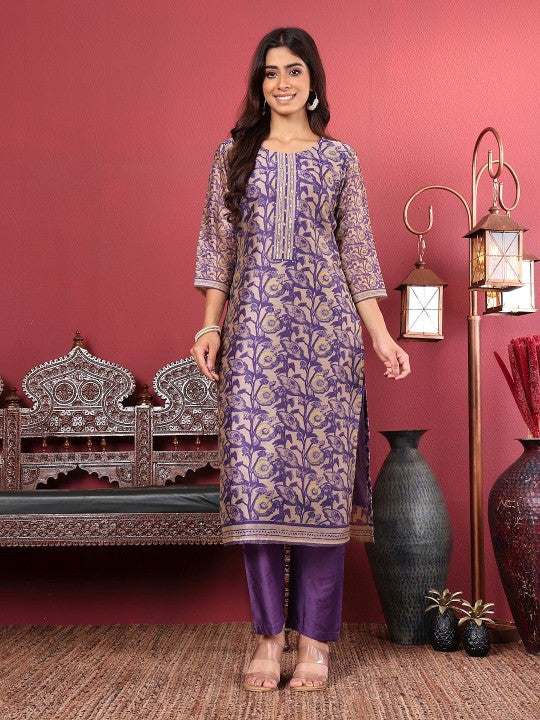 Purple Floral Printed Beads and Stones Chanderi Silk Kurta with Trousers & Dupatta-4