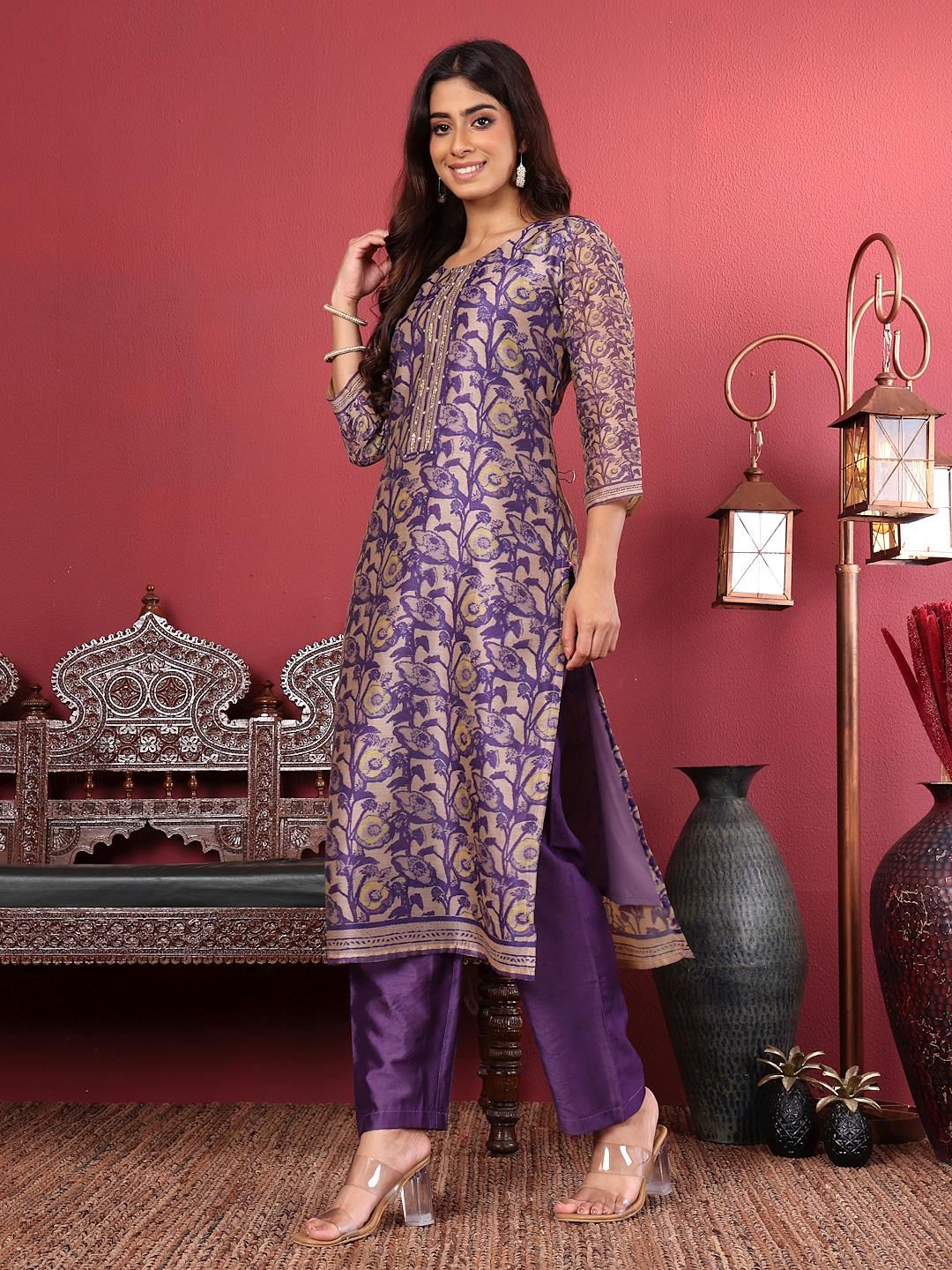 Purple Floral Printed Beads and Stones Chanderi Silk Kurta with Trousers & Dupatta