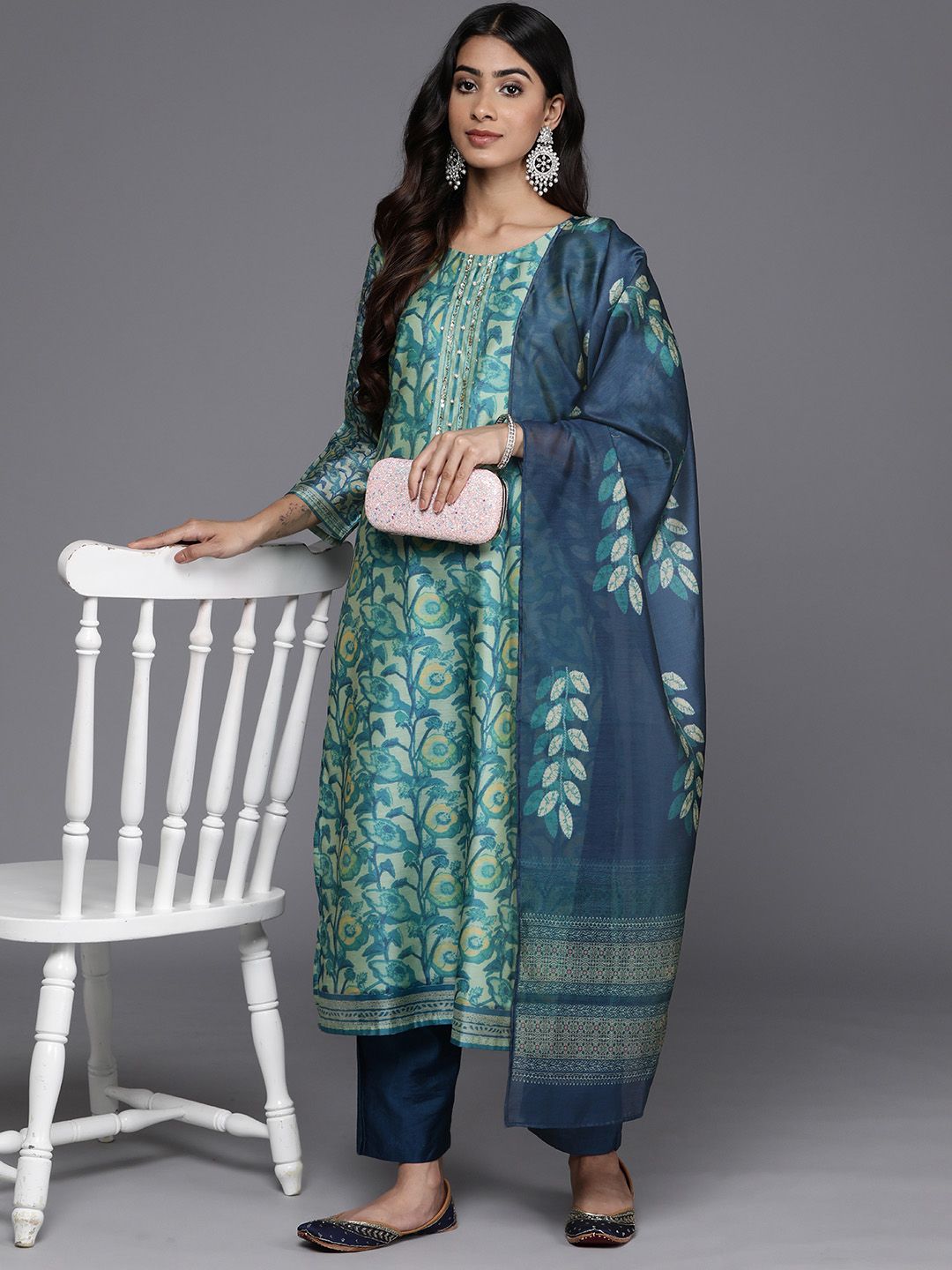 Purple Floral Printed Beads and Stones Chanderi Silk Kurta with Trousers & Dupatta