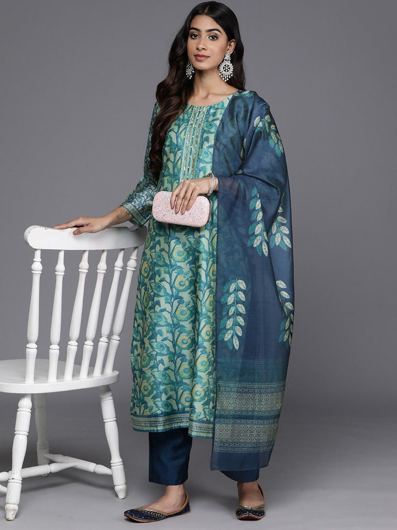 Purple Floral Printed Beads and Stones Chanderi Silk Kurta with Trousers & Dupatta-8