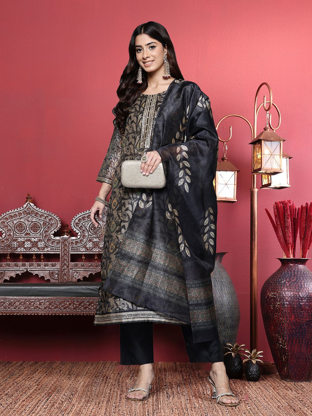 Purple Floral Printed Beads and Stones Chanderi Silk Kurta with Trousers & Dupatta