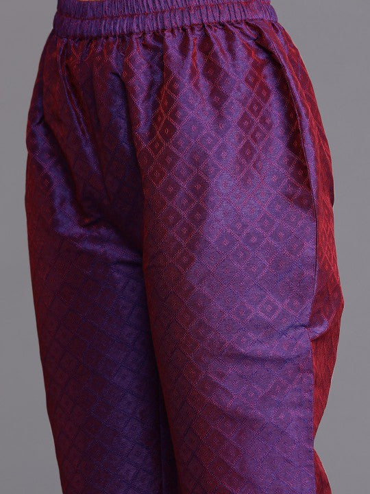Purple Geometric Woven Design Thread Work Jacquard Kurta with Trousers & Dupatta-7
