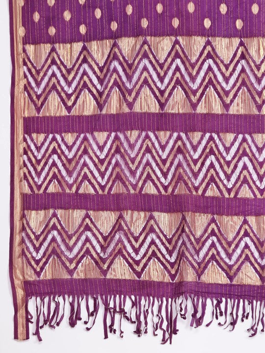 Purple Geometric Woven Design Thread Work Jacquard Kurta with Trousers & Dupatta