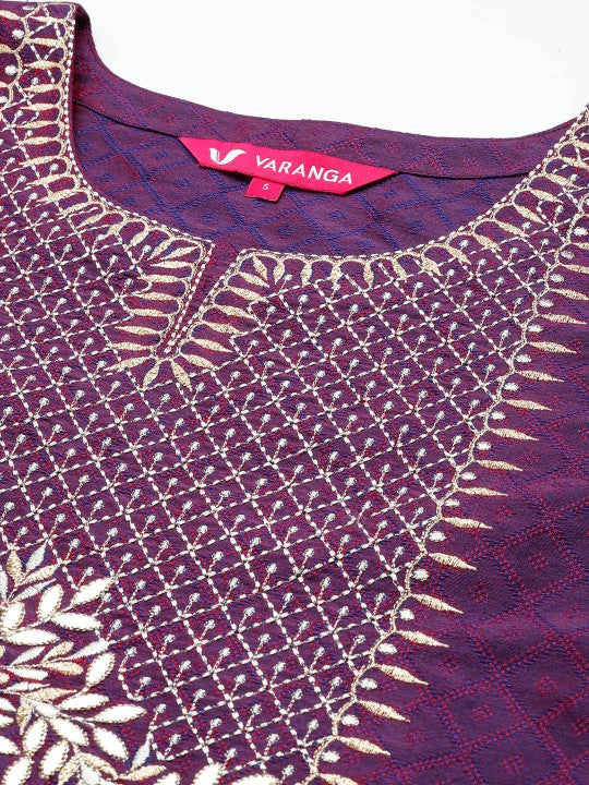 Purple Geometric Woven Design Thread Work Jacquard Kurta with Trousers & Dupatta