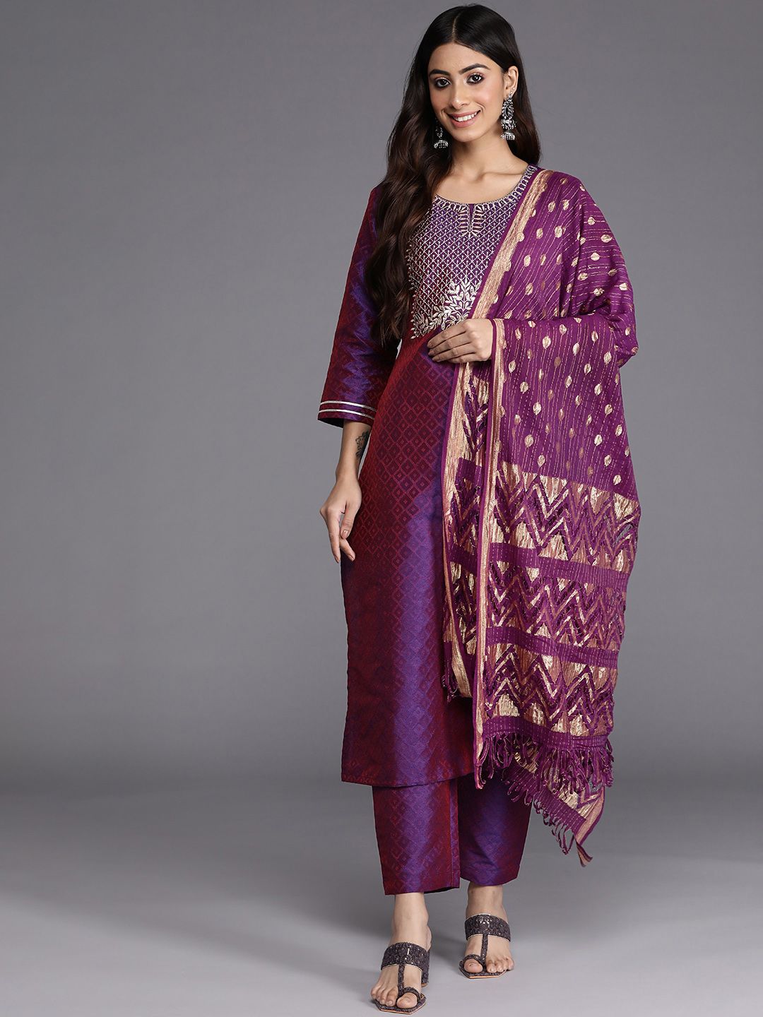 Purple Geometric Woven Design Thread Work Jacquard Kurta with Trousers & Dupatta
