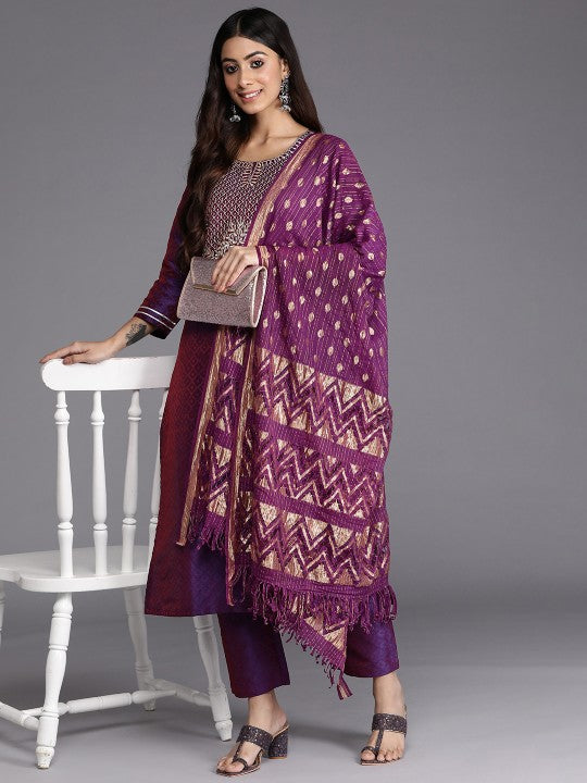 Purple Geometric Woven Design Thread Work Jacquard Kurta with Trousers & Dupatta-1