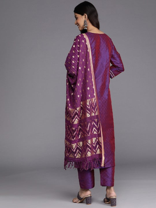 Purple Geometric Woven Design Thread Work Jacquard Kurta with Trousers & Dupatta-2