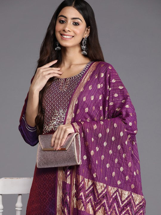 Purple Geometric Woven Design Thread Work Jacquard Kurta with Trousers & Dupatta-3