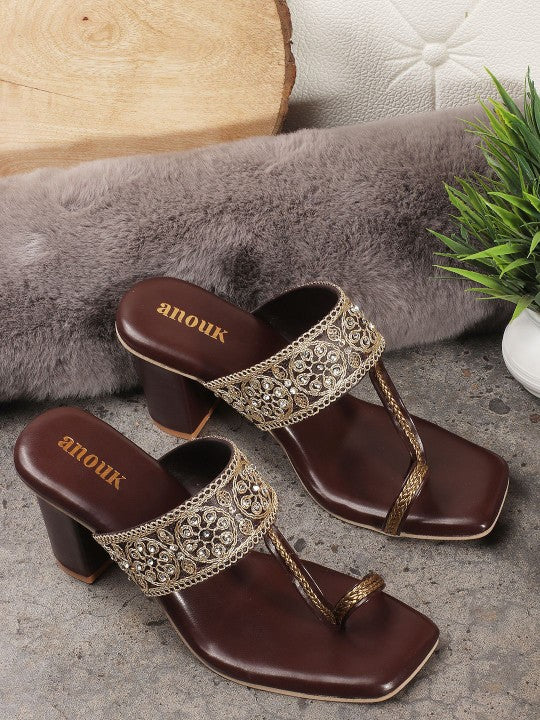 Women Floral Textured Ethnic Block Heels Sandals-1
