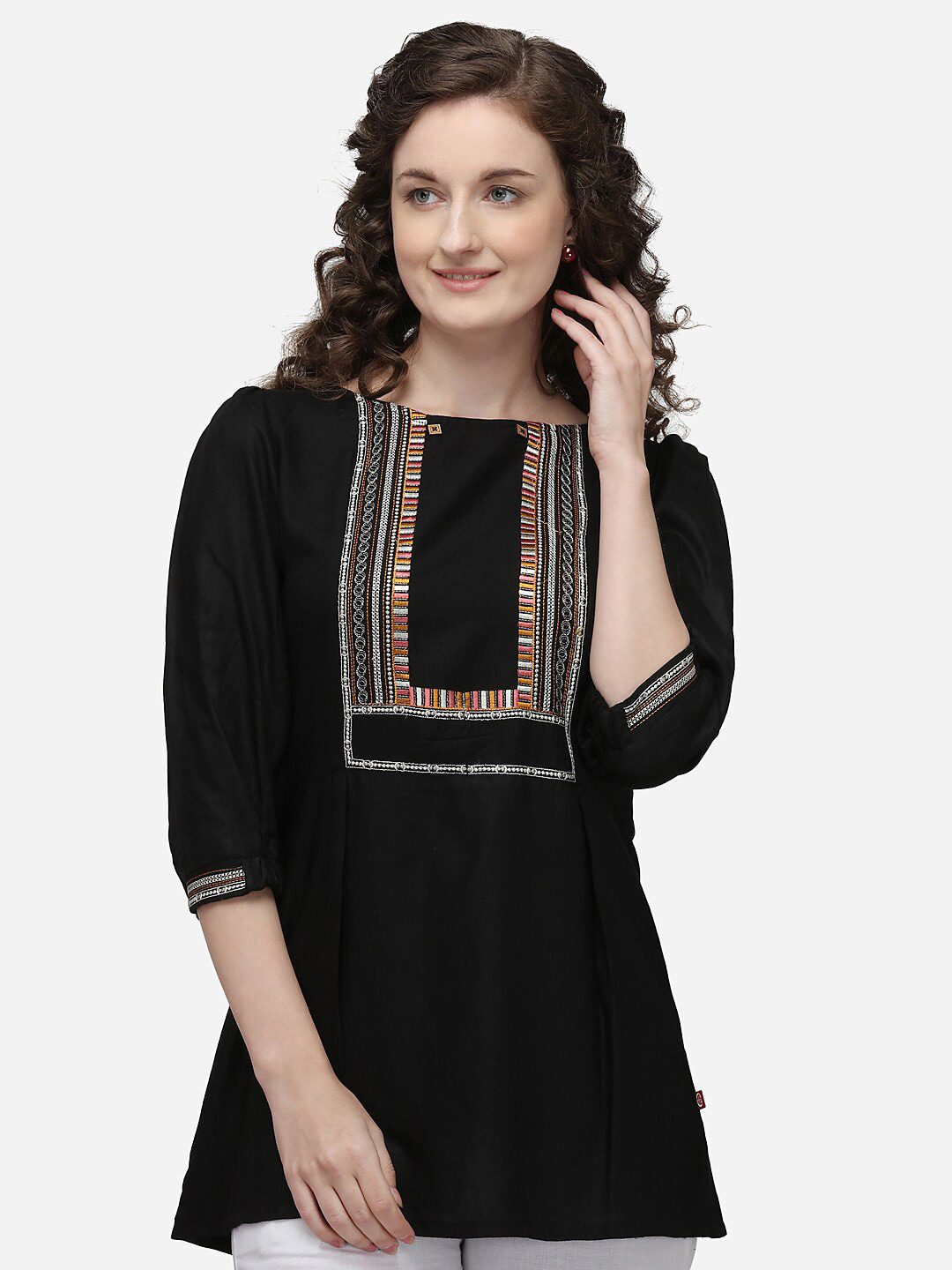 Raisin Black & Orange Viscose Rayon Embroidered Tunic
