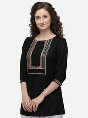 Raisin Black & Orange Viscose Rayon Embroidered Tunic