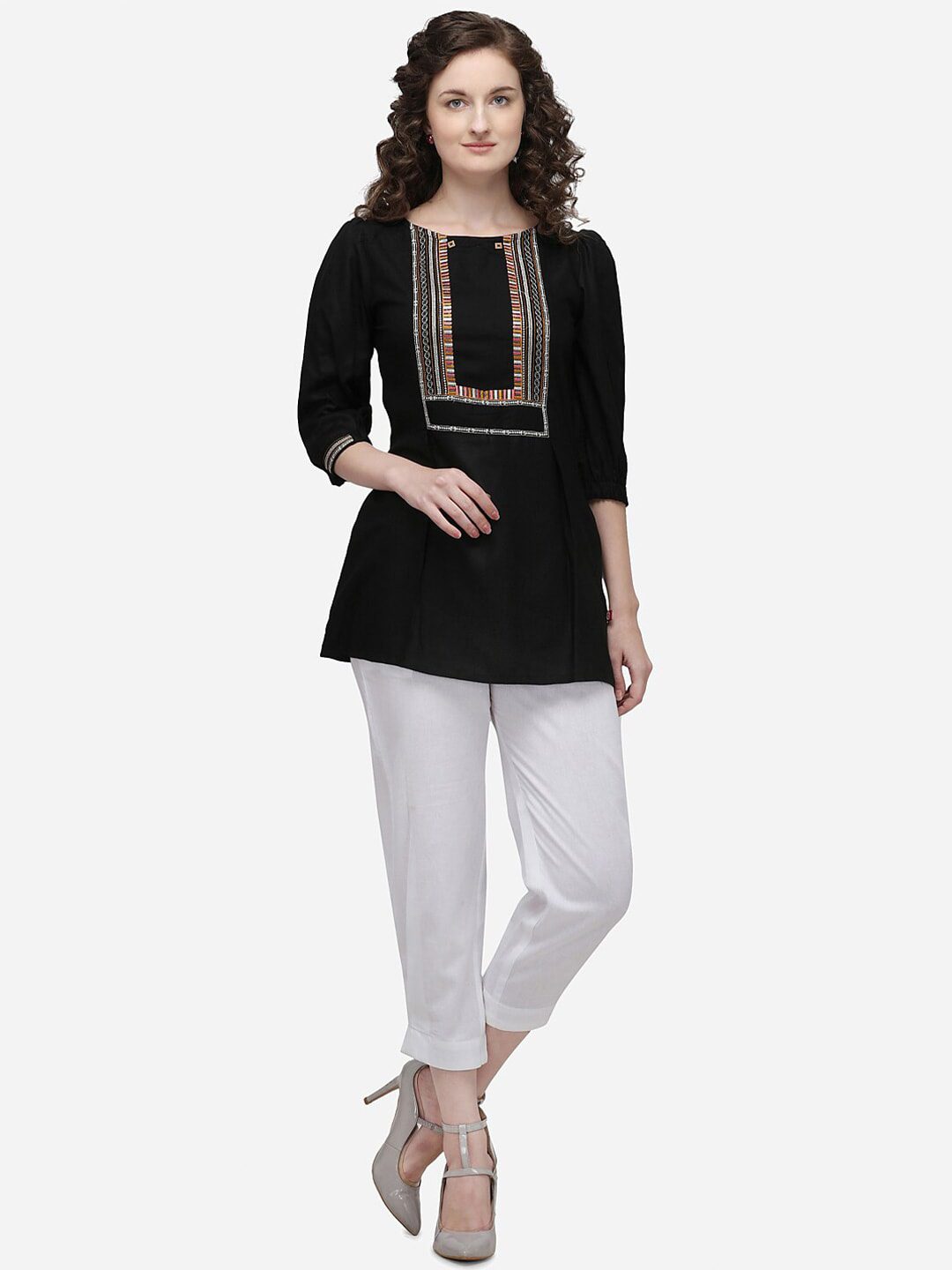 Raisin Black & Orange Viscose Rayon Embroidered Tunic