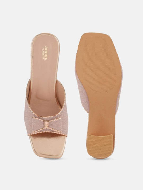 Rose Gold-Toned Embellished Open Toe Block Heels