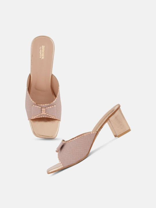 Rose Gold-Toned Embellished Open Toe Block Heels