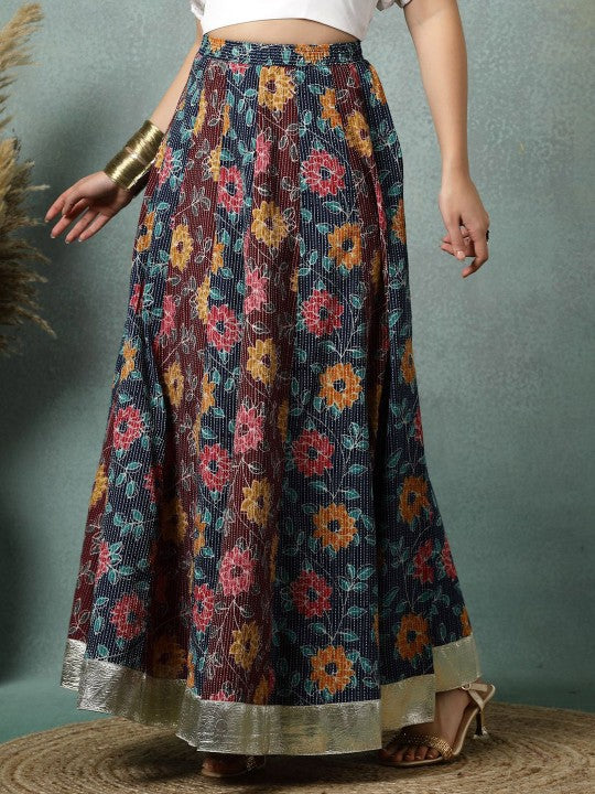 Floral Printed Cotton Flared Maxi Skirt-3