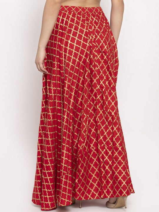 Red Printed Flared Maxi Skirt-2