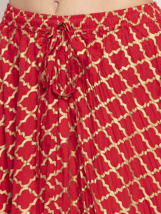 Red Printed Flared Maxi Skirt-4