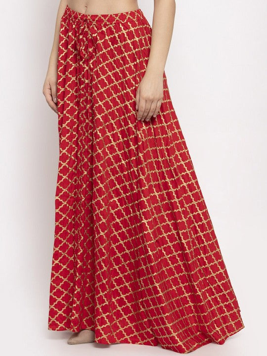 Red Printed Flared Maxi Skirt-3