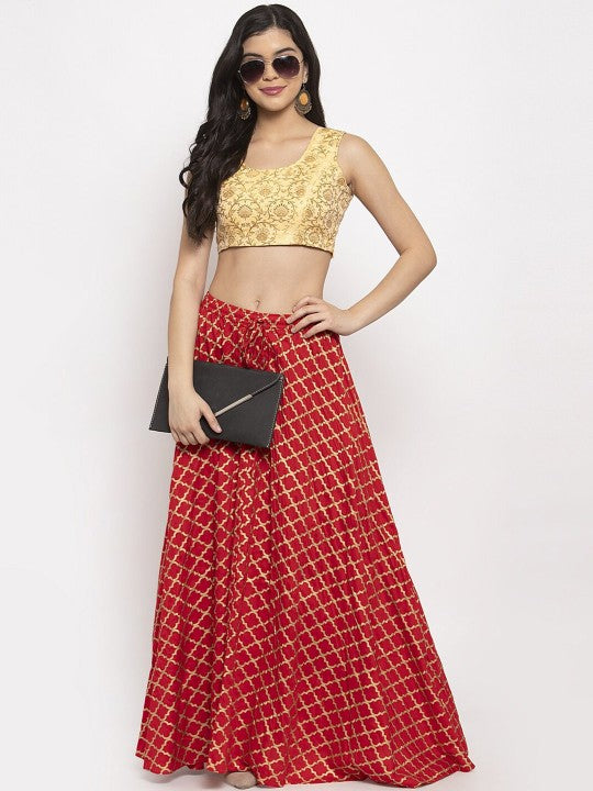 Red Printed Flared Maxi Skirt-5