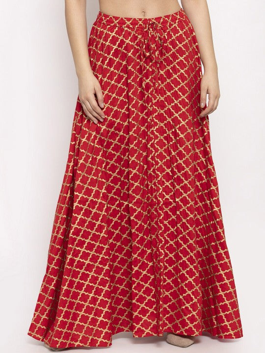 Red Printed Flared Maxi Skirt-1