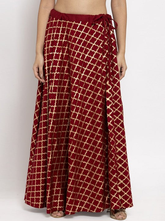 Red Printed Flared Maxi Skirt-8