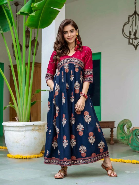 Red & Navy Blue Ethnic Motifs Printed Maxi Dress-1