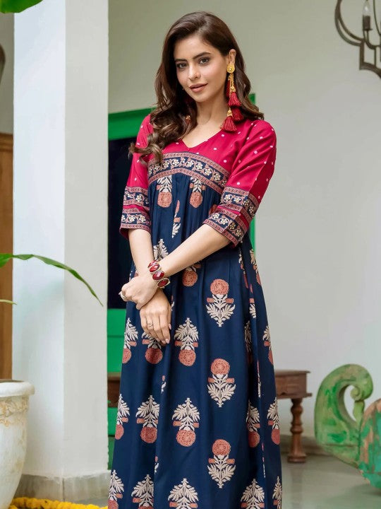 Red & Navy Blue Ethnic Motifs Printed Maxi Dress-2