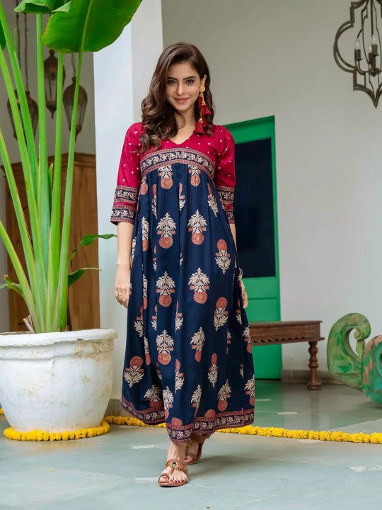 Red & Navy Blue Ethnic Motifs Printed Maxi Dress-3