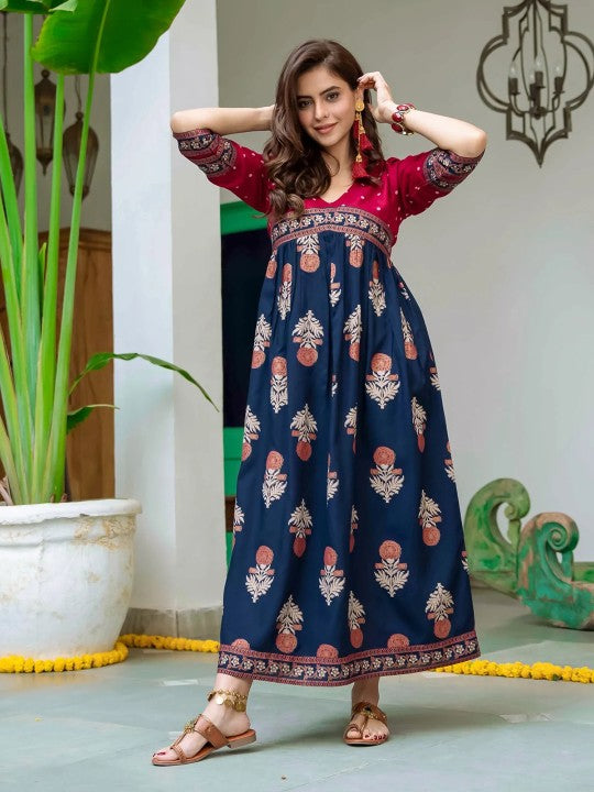 Red & Navy Blue Ethnic Motifs Printed Maxi Dress-4
