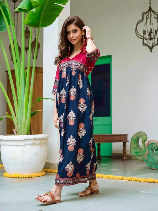 Red & Navy Blue Ethnic Motifs Printed Maxi Dress