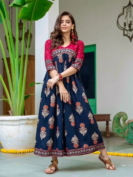 Red & Navy Blue Ethnic Motifs Printed Maxi Dress-6