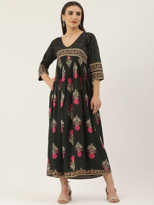 Red & Navy Blue Ethnic Motifs Printed Maxi Dress