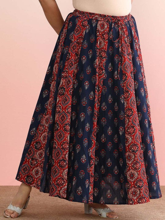 Ethnic Printed Cotton Flared Plus Size Maxi Skirts-6