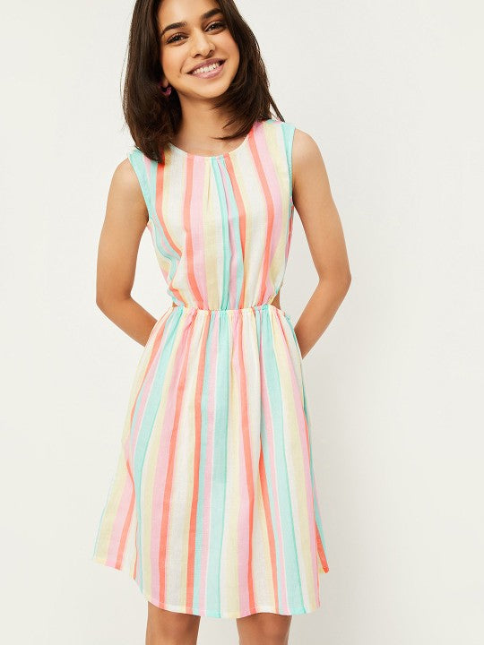 Striped Cotton Cut-Outs Fit & Flare Dress-3